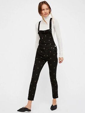 Free People We The Free Rising Sun Embroidered Overalls in Onyx - Size S